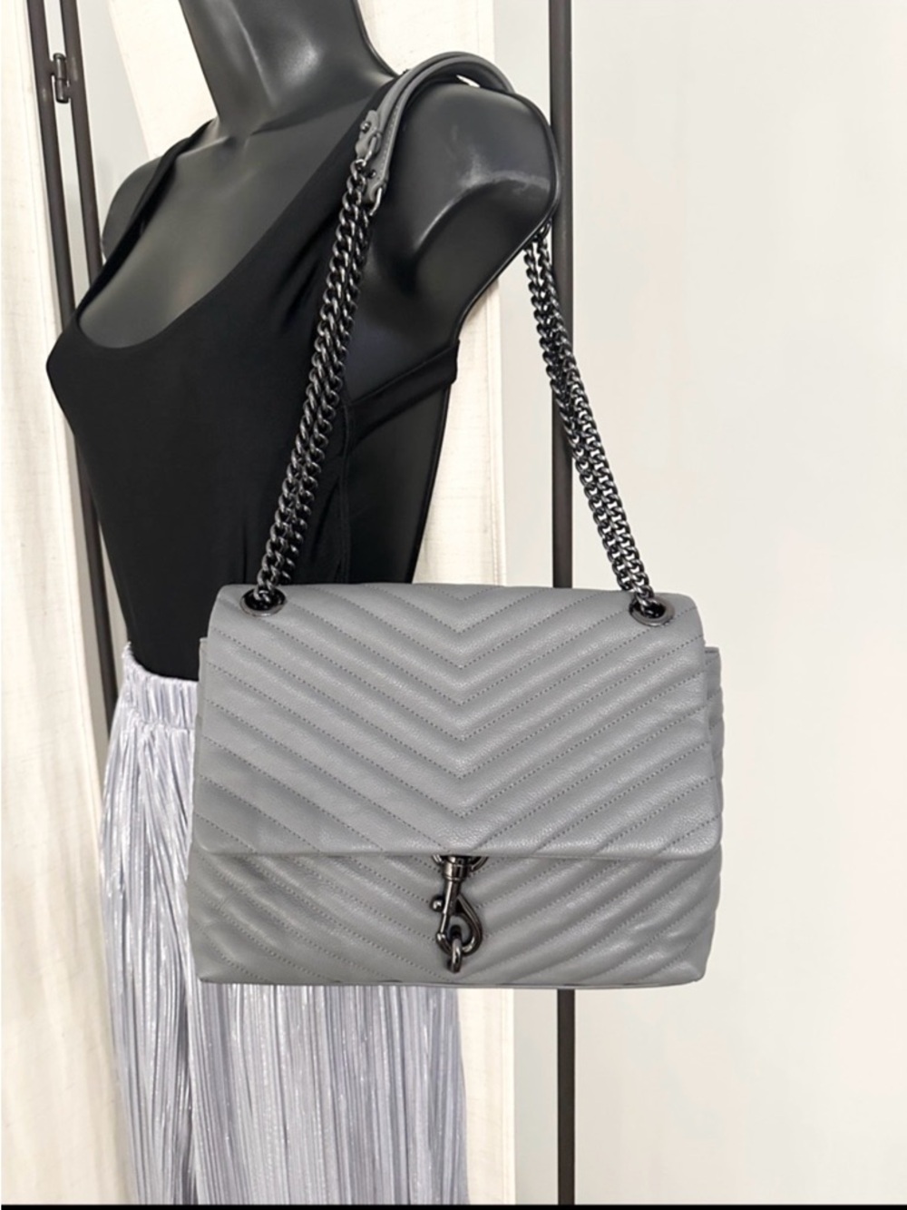 Rebecca Minkoff Chevron Quilted Gray Edie Chain Shoulder Flap HandBag Purse